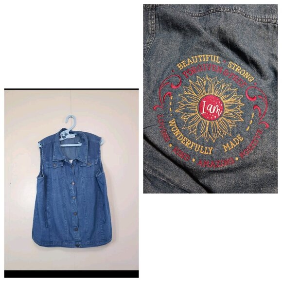 The Skyline Collection Jackets & Blazers - Skyline Collection Women L Denim Embroidered Vest Cotton I Am Beautiful Strong